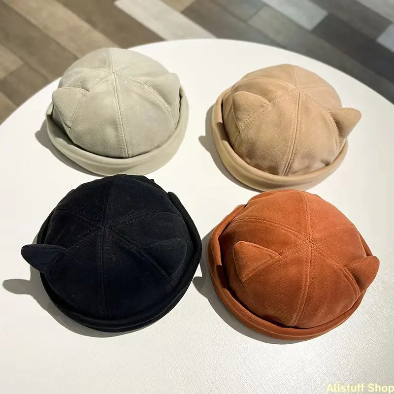Unisex Bear Ear Brimless Cap, Casual Rolled Cuff Docker Hat with Adjustable Fit for Everyday Wear, Machine Washable, Fashion, Sports