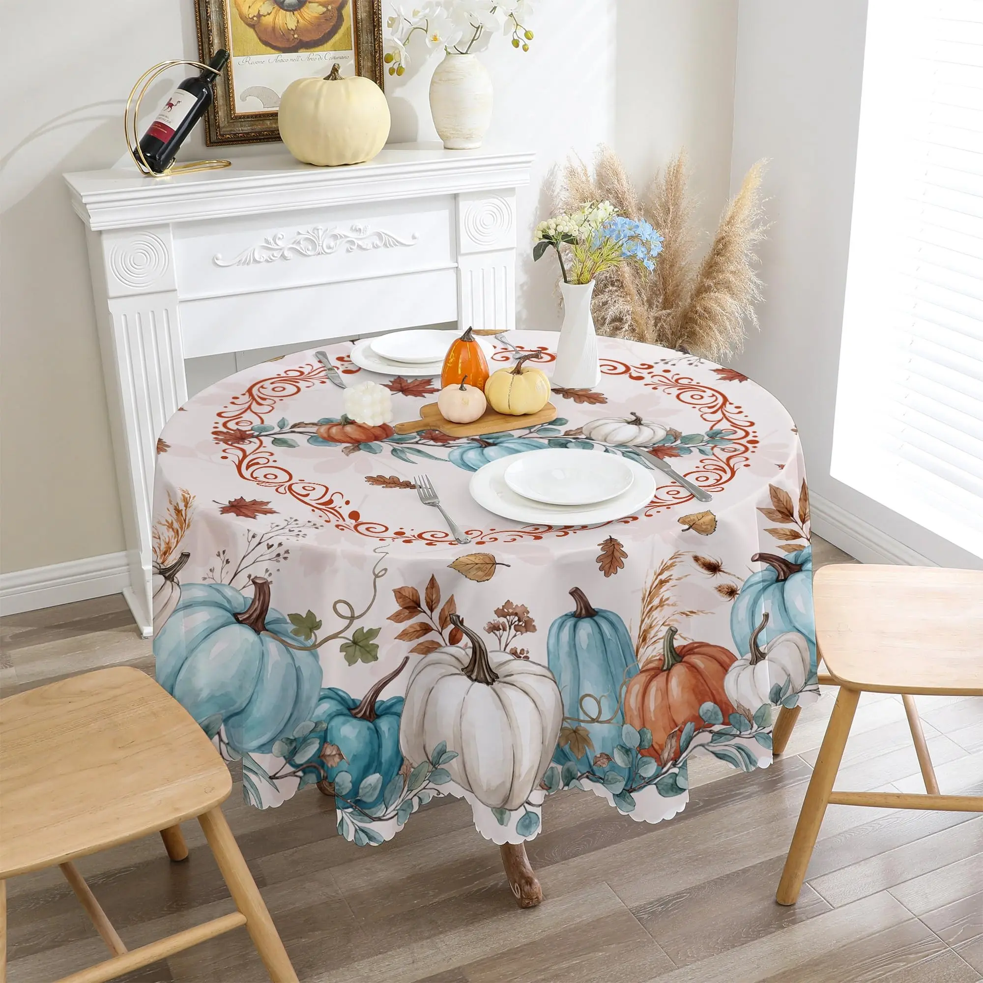 Autumn Round Tablecloth, Thanksgiving Blue Pumpkin Farm Decor, Home Dining Table Decoration, Perfect for Family Meals and Home Decor