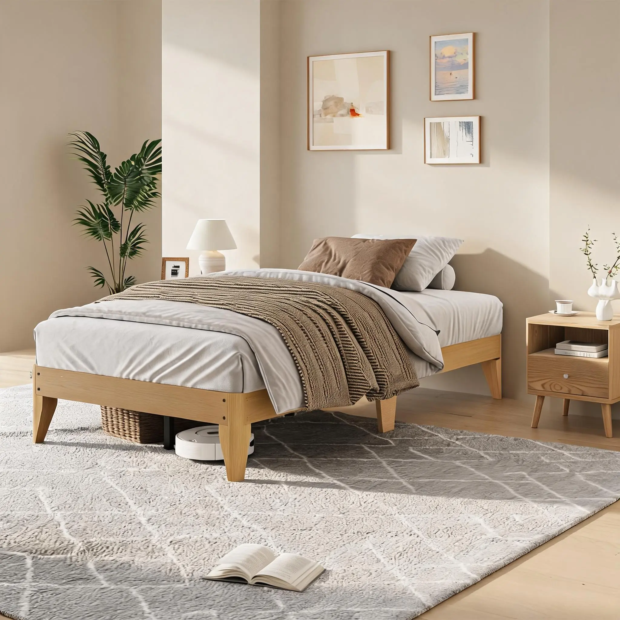 【GAOMON】Wood Platform Bed Frame with Metal Support, No Box Spring Needed, Queen/King Size Wooden Bed Frame, Noise-Free, 7.5" Underbed Storage, Modern Minimalist Bedroom Furniture