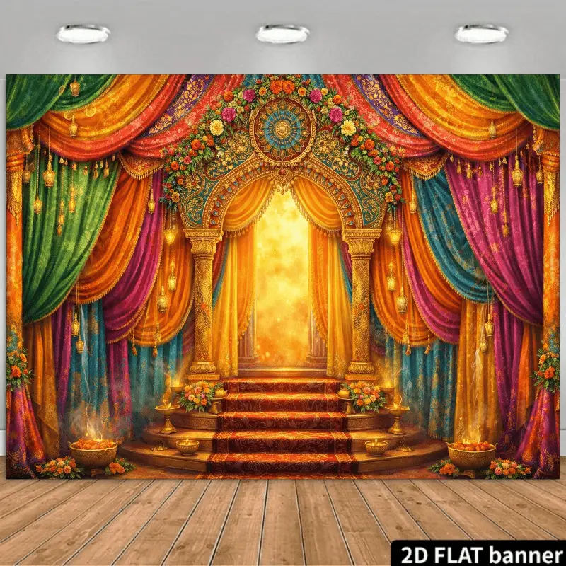 Polyester Indian Diwali Festival Backdrop - Cozy Bollywood Theme Hanging Decoration, Colorful Golden Lantern Party Banner, Boho Ethnic Room Wall Tapestry for Wedding, Multicolored, Preppy