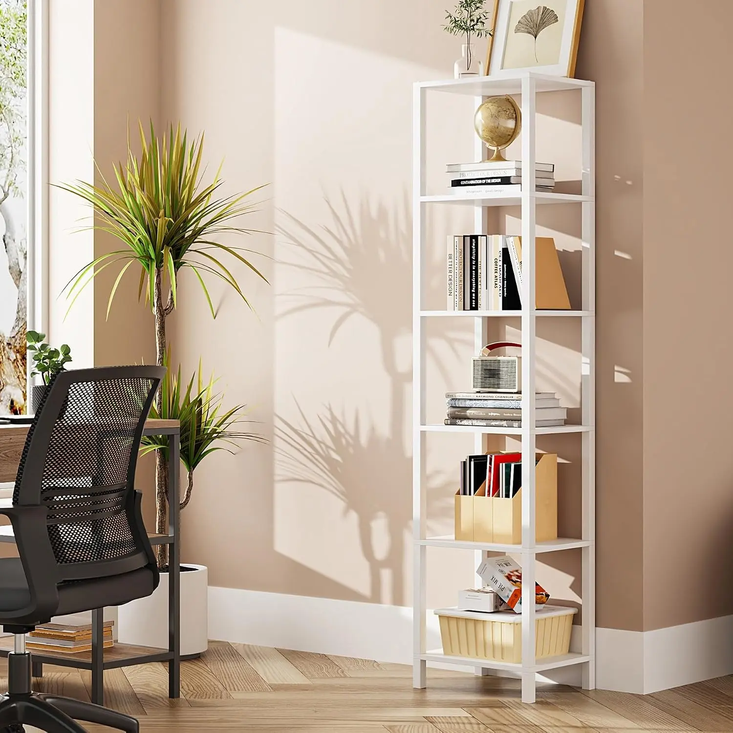 Bookshelf, 6-Tier Tall Narrow Book Shelf for Small Space | 10.7 x 14.5 x 65.3 Inches Skinny Display Shelf with Storage for Living Room, Office, Study, Entryway, White BS01BW006