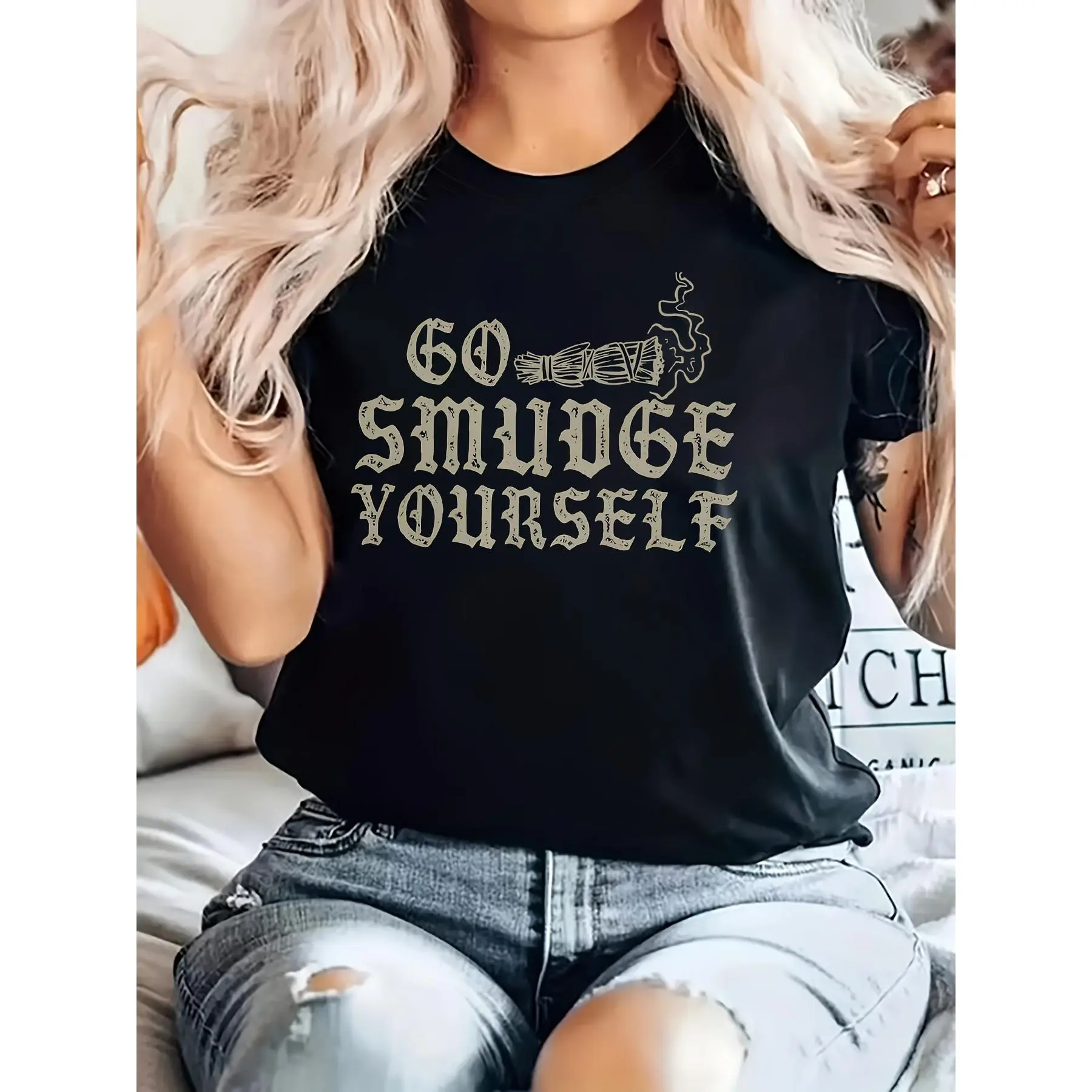 Women's Go Smudge Yourself Witchy -Shirt - Soft Short Sleeve Top with Smudge Stick Suitable for Spiritual Occult Lovers, Aesthetic Casual Tee for Meditation, & Witchcraft Apparel