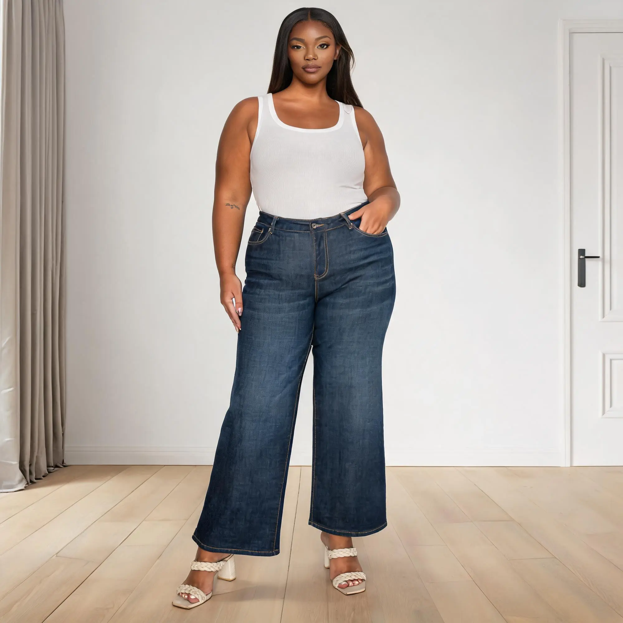 New Fashion Navy Blue Plus Size High Waist Retro Wide Leg Pants Loose Casual Women's Trendy Trousers