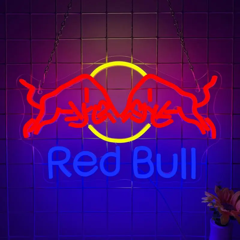 Red Bull neon signs, dimmable LED neon signs, wall art mood lights, Decorative Neon Sign, USB powered and dimmable, LED signboards, suitable for businesses, bars, shops, bedrooms, Christmas parties, and birthday gifts.