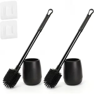 Silicone Toilet Bowl Brush and Holder 2 Pack Long Handle Toilet Brush for Bathroom Flexible Silicone Toilet Brush Set for Domestic Deep Cleaning Under Rims (Black)valentine's day decor