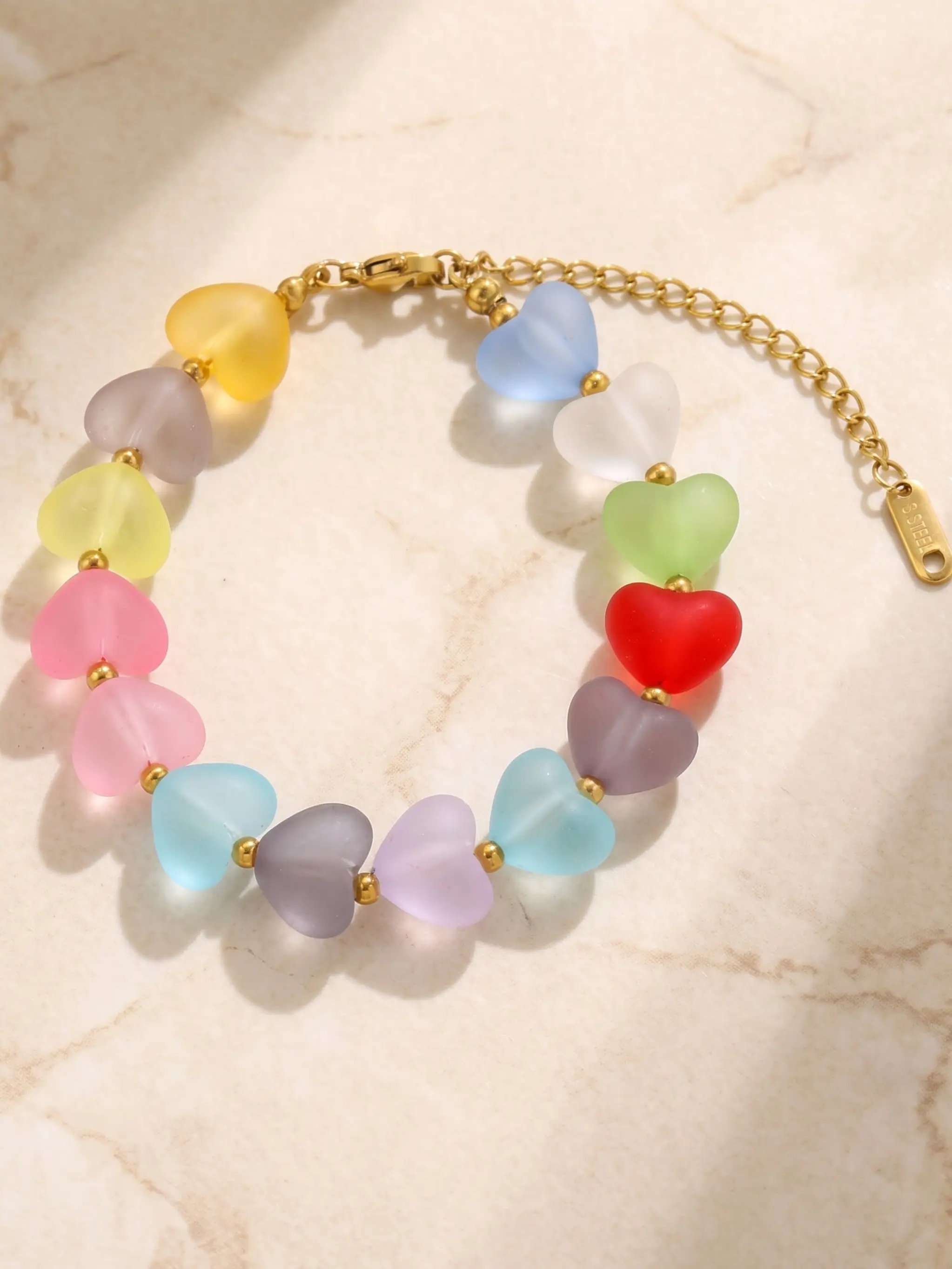 Rainbow Frosted Heart Star Acrylic Bead Bracelet, Multicolor Matte Transparent Beads, Adjustable Chain, Y2K Girl Bracelet