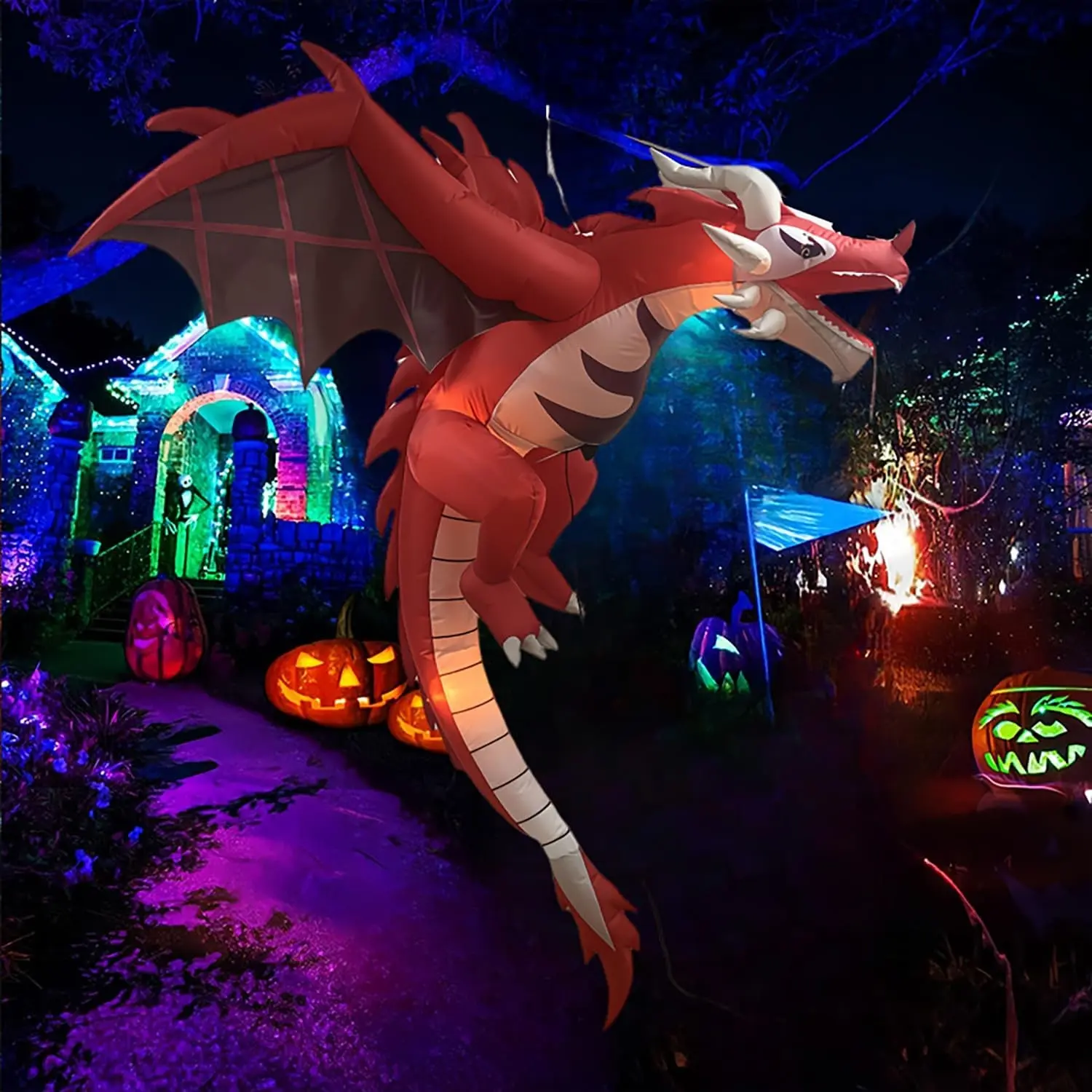 5-Foot Halloween Inflatable Dinosaur Decoration with LED Lights, Terror Dragon Flame Decor for Outdoor Yard, Party, Halloween, Includes Blower, Stakes, Wind Rope
