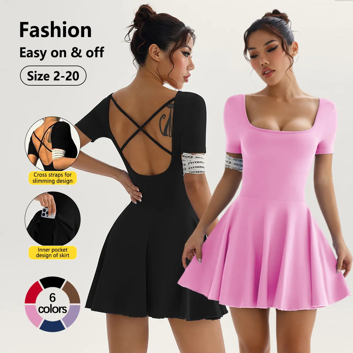 Beautiful Back Golf Yoga One-piece Dress for, Sports, and Fitness, with Shorts and Short Sleeves, Tennis Dress
