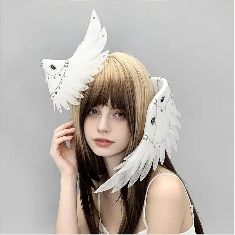 Gothic Dark Aesthetic Double Layer Wing Headpiece with Evil Eye Pendant Chain Alt Fashion Hair Accessory for Party Photoshoot Halloween Costume Party Accessories