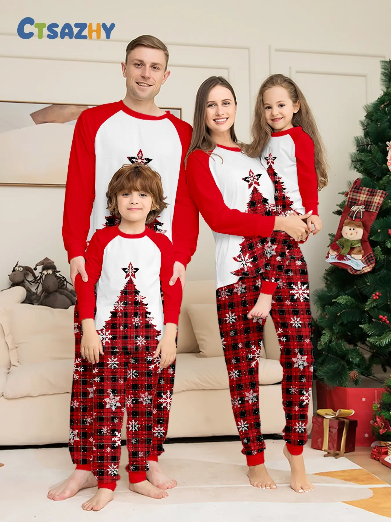 European Style Christmas Print Family Four Matching Long Pajama Two-Piece Set, Hot Sale Festive Outfit