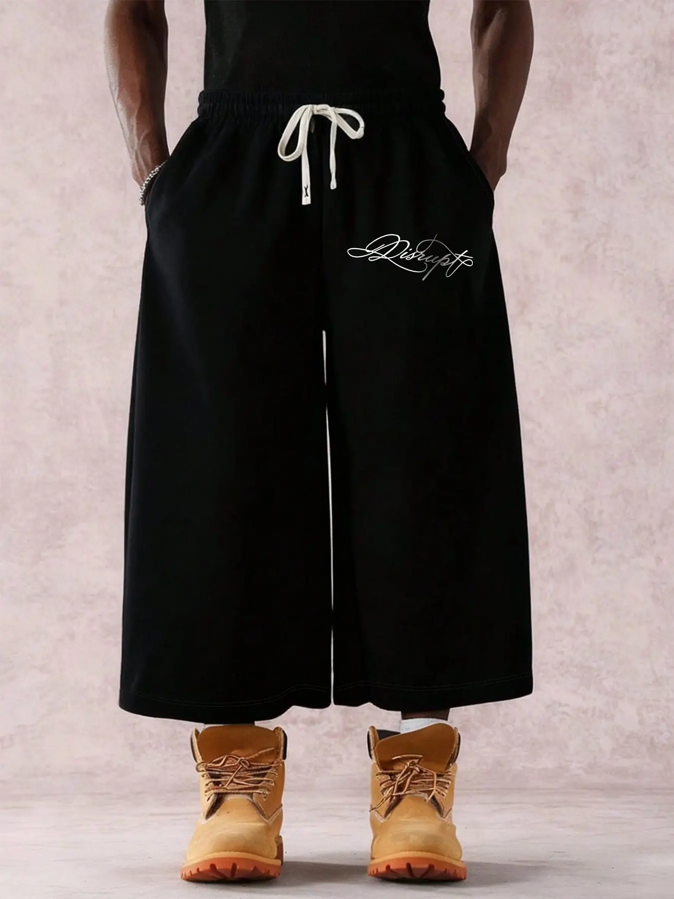 Vintage American Retro Oversized Wide Leg Capri Sweat Pants Men Handwriting Logo Embroidery Elastic Waist Loose Fit Lightweight Cropped Sweatpants With Deep Pockets For Daily Walking Gym Timberland Matching Summer Casual Wear Embroidered Sweatpant