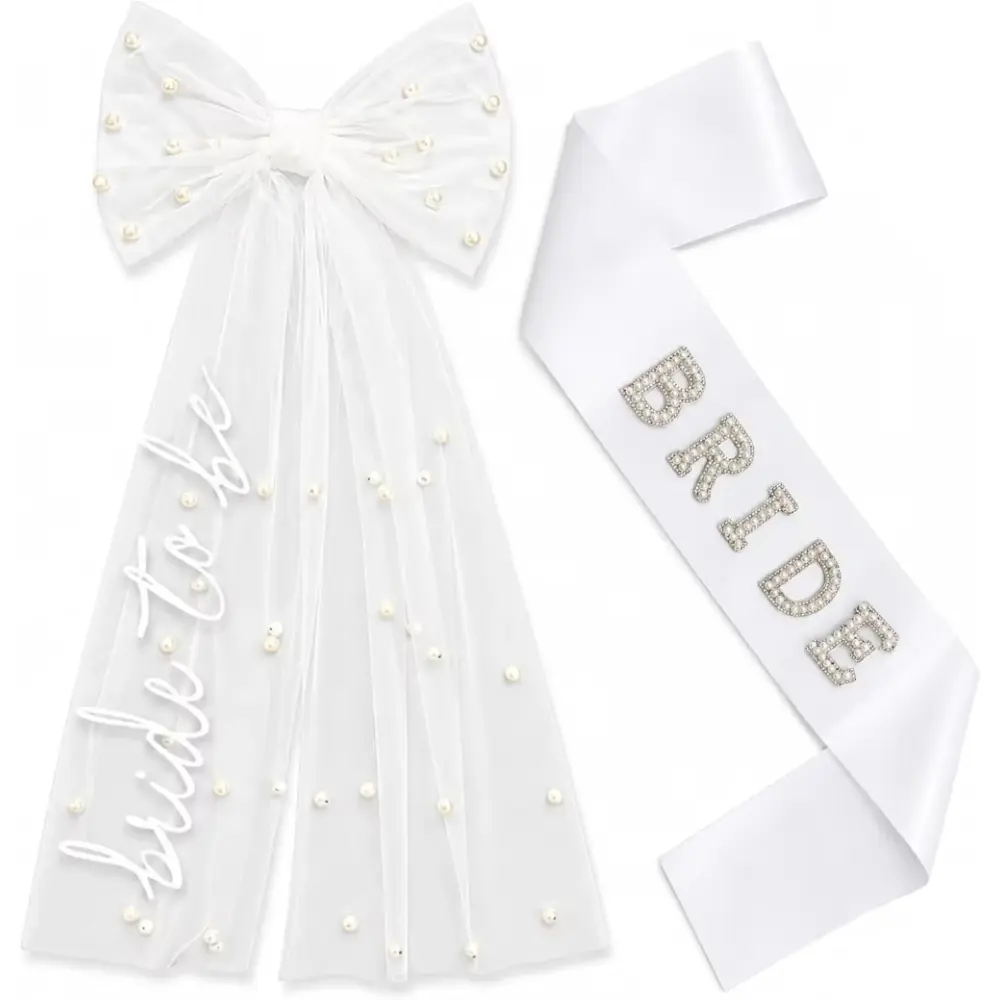 2pcs Bride To Be Veil And Sash Set Pearl Bow Veil White Satin Sash Accessory For Wedding Bachelorette Party Bridal Shower Gift Decor Party Accessories
