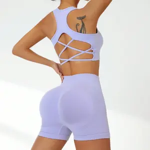 New cross I-shaped beautiful back nude feeling sports fitness running high waist shorts yoga suit cross beautiful back 2-piece workout set
