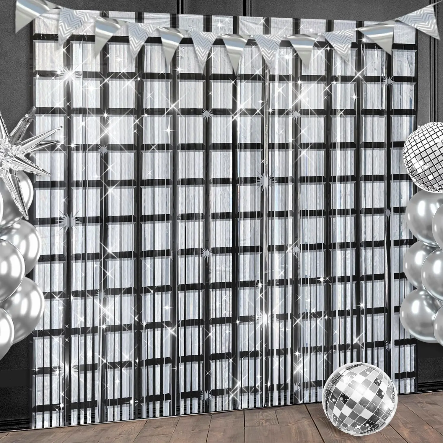 2-Pack Glossy Metallic Black Fringe Backdrops (3.2x6.6ft) - Retro Disco Party Decorations, Door & Photo Booth Background for 70s-80s Birthday, Dance Events, Christmas, Banners