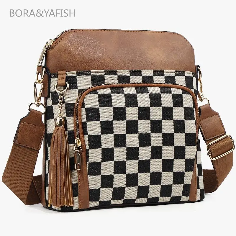 Women’s Checkered Colorblock Crossbody Camera Bag - Casual Crossbody Bag for Women, Fashionable Shoulder Purse with Zip Closure, Adjustable Strap (Great Gift Option), Casual Crossbody Bags