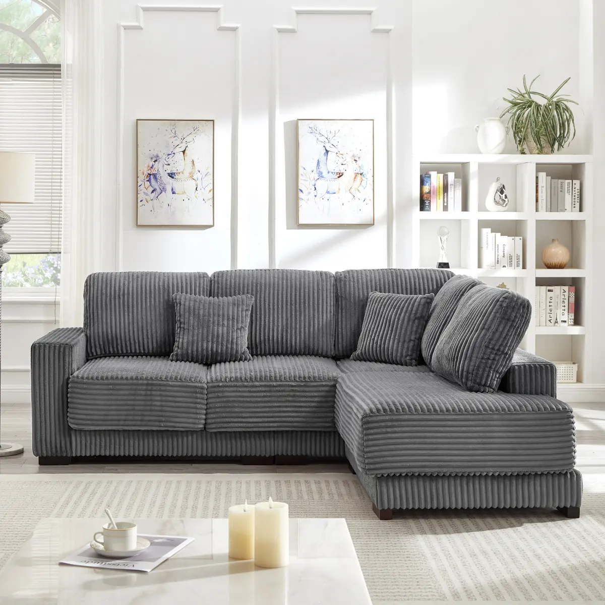 [Bellemave] 93" Sectional Sofa, L Shaped Sofa Couch with Reversible Chaise Lounge, Upholstered Soft Corduroy Couch for Living Room, Apartment