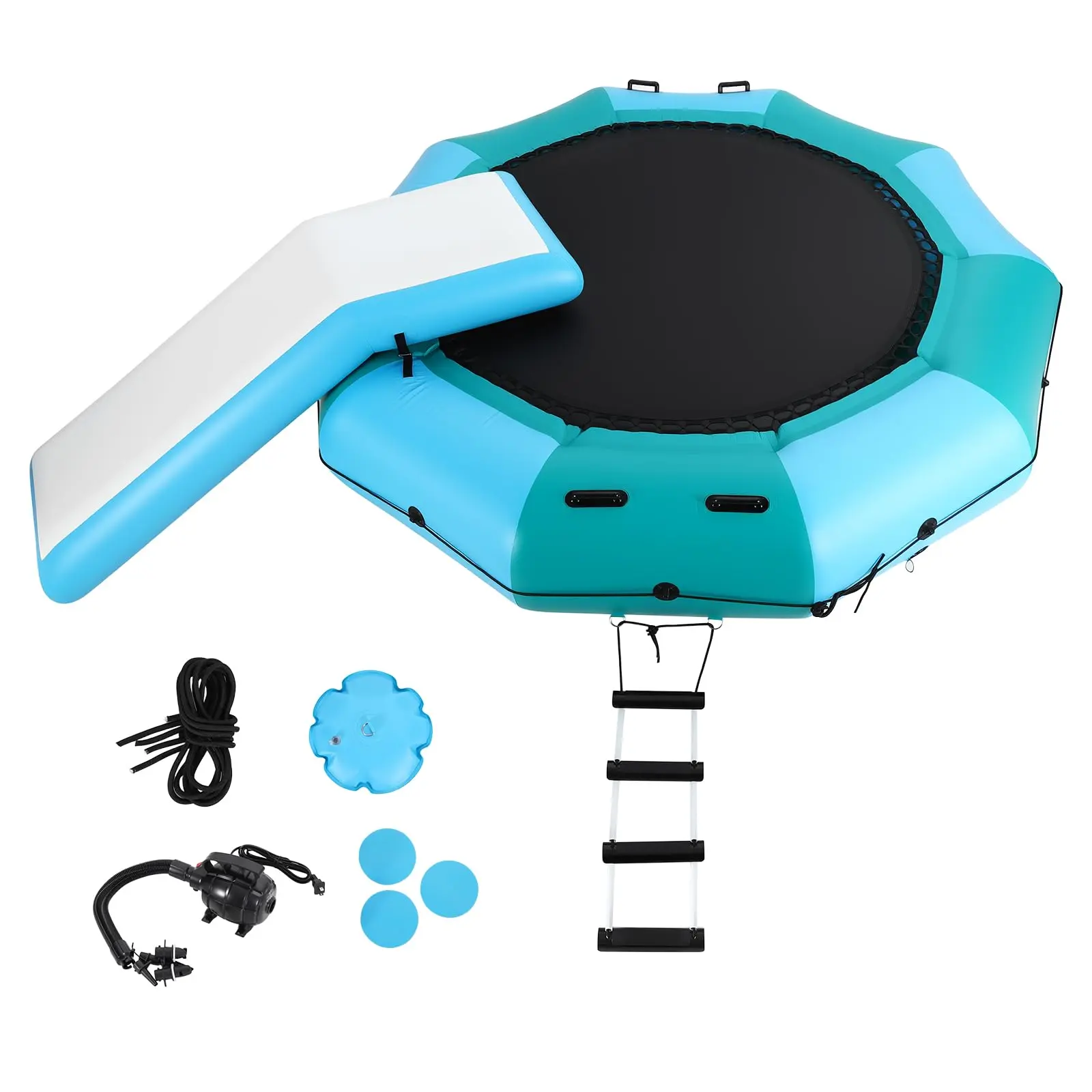 10FT Inflatable Water Trampoline with 600W Electric Pump for Lake Pool Ocean, 3-in-1 Floating Trampoline Party Platform with Ladder & Anchor Bags, Heavy Duty 1000D PVC Water Bouncer for Kids Adults Summer Water Sports Game