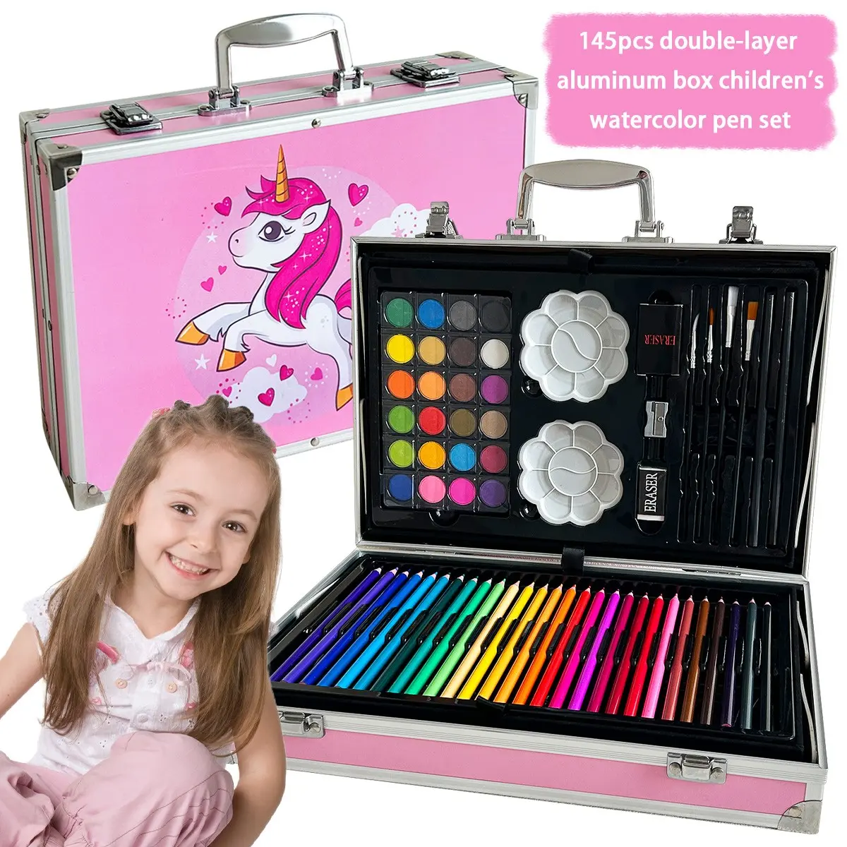 145pcs Unicorn Art Set, Double Layer Aluminum Case, Kids Drawing Kit, Creative Craft Kit, Perfect Birthday Gift, All-In-One Art Supplies, Cute Unicorn Case