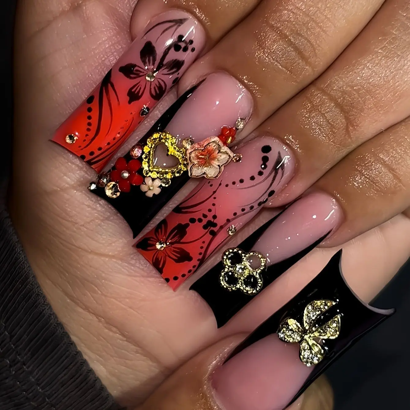 24pcs Gradient Flower Bow Nails, Long Square False Nails, French Tip, 3D Charms, Y2K Gothic Style, Reusable Fake Nails