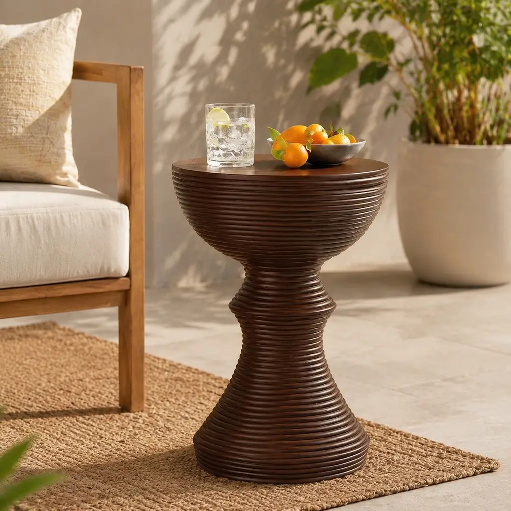 16x16 in Modern Rustic Ribbed Texture Brown Concrete Outdoor Side Table - Hourglass Design, Flared Base, Lightweight, Weather Resistant