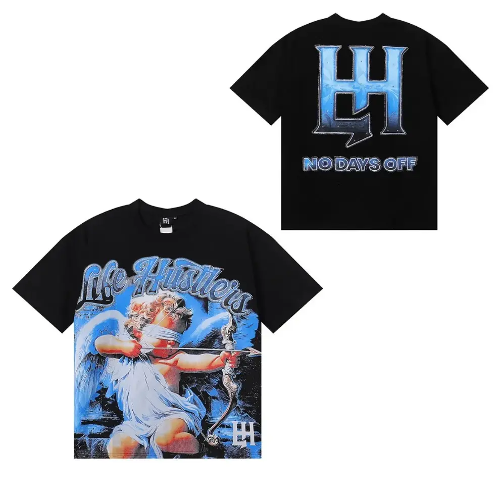Life Hustlers Blindfold Cupid Angel Graphic T-Shirt Black Double Sided No Days Off Oversized Heavyweight Cotton Y2K Streetwear Hip Hop Crewneck Summer Men Trendy Top
