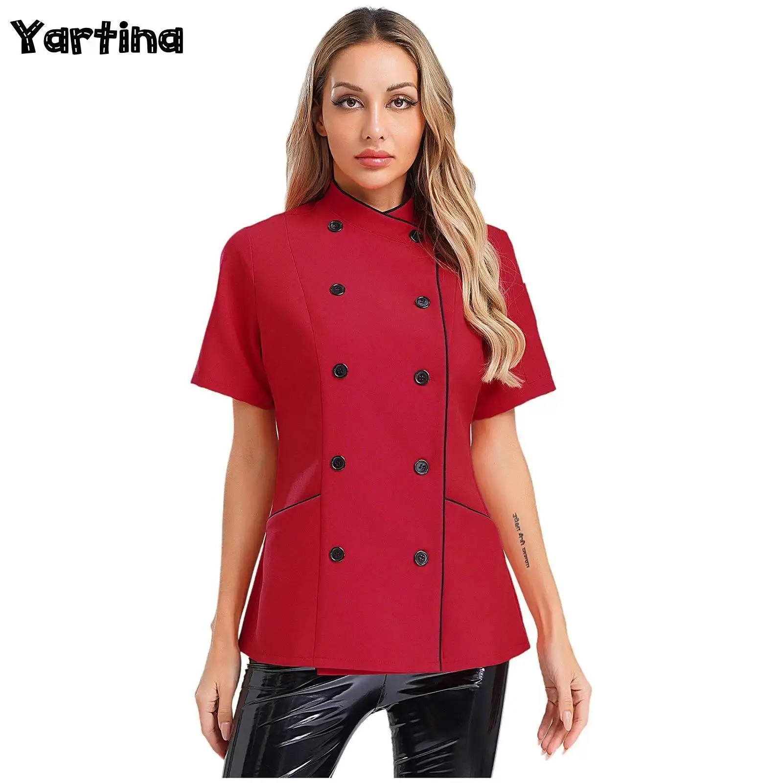 Women Short Sleeve Chef Coat Restaurant Hotel Works Clothes Cross-Over Collar Double-Breasted Jacket Kitchen Chef Cook Uniform
