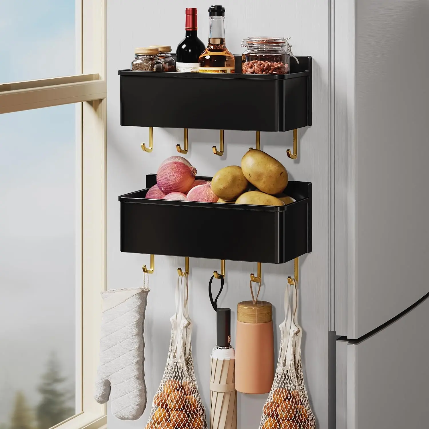 Rack for Refrigerator 2 Pack Large  Shelf for Fridge Kitchen Storage Organization with 10 Removable Golden Hooks