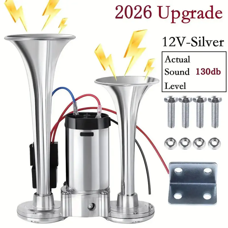 2026 Upgrade Dual Tube Air Horn with Compressor, 130db 12V Car Truck Horns Kit, Silver, Suitable for Cars Trucks Pickups Suvs Boats