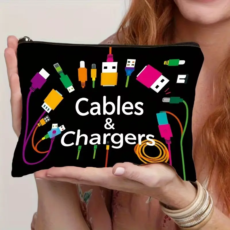Cable Organizer Bag with Colorful Tech Icons, Durable Fabric Travel Box for Power Banks, Cables, Electronics, Unisex Gift, Portable Travel Organizer, Travel Pouch, Travel Essentials