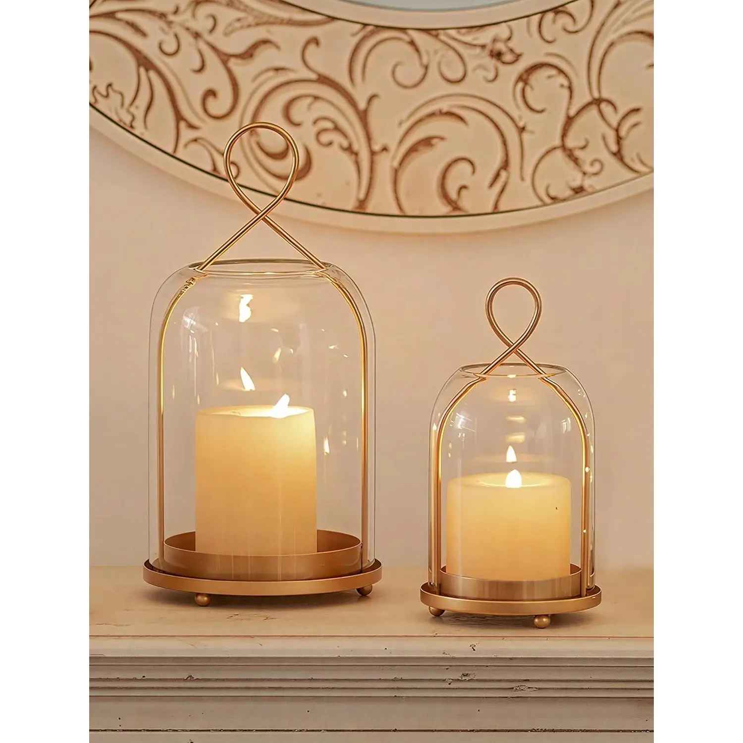 Antique Gold Metal Glass Lanterns 2-Piece Set - Ornament Candle Holders, Hanging Hurricane Pillar Candle Holders for Home Decoration Items, Interior Decoration Accessories, Outdoor Decor, Holiday Party Centerpiece, Two Piece Set, Hanging Lantern