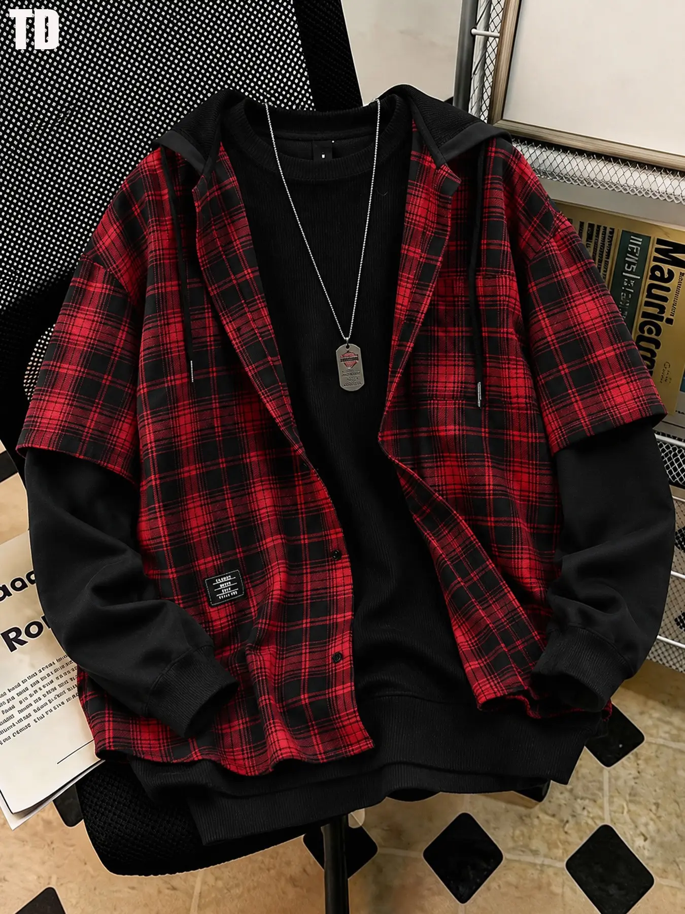 TD Unisex Plaid Oversized Shirt Jacket, Long Sleeve Zipper Top, Y2K Style, All-Season Wear, Casual & Outdoor Fashion, New Trendy Design