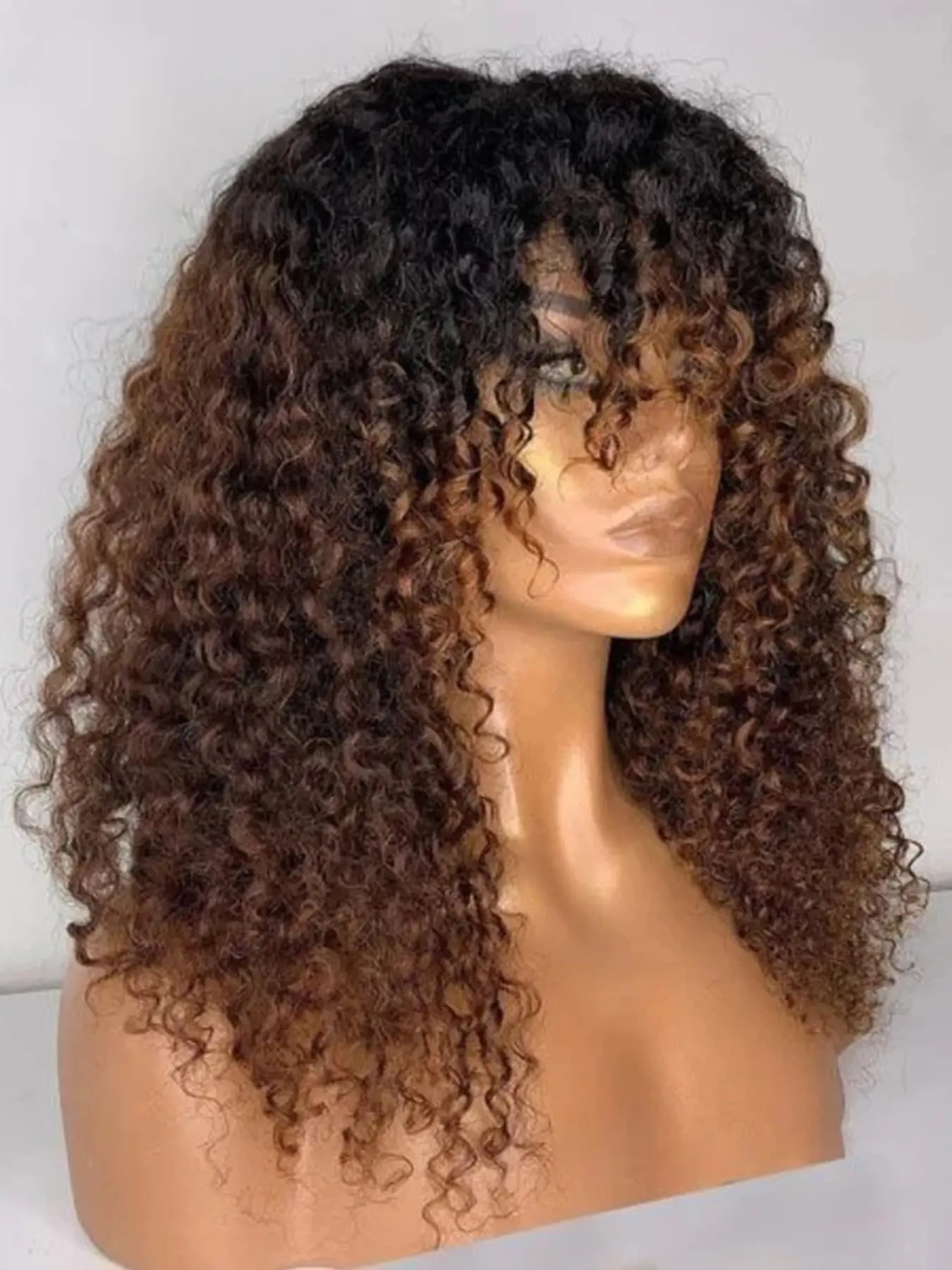 26-Inch Soft Natural Ombre Brown Gradient Kinky Curly With Bangs Wig, 13x4x1 Lace Front, Glueless, Heat Resistant, Pre-Plucked, Fashion Synthetic Wig for Women, Lace Front Wigs, Curly Hair Wig