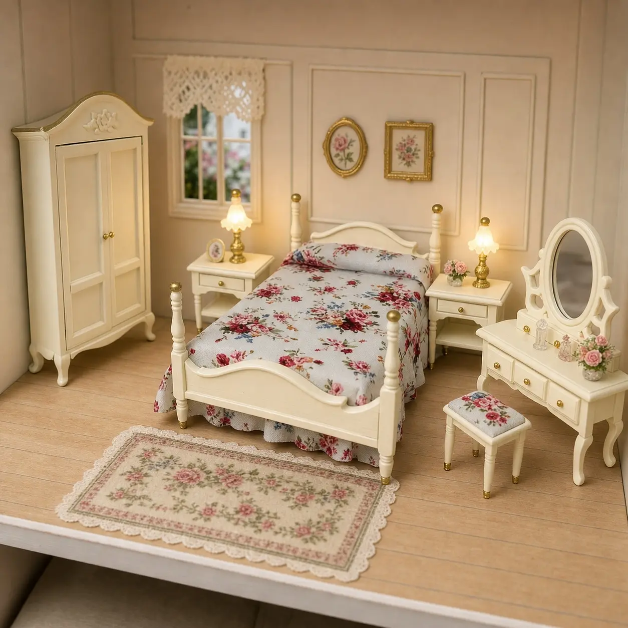 1:12 Scale Miniature Dollhouse Bedroom Furniture Set, 6-Piece Cream Bed, Wardrobe, Vanity, Stool and Two Nightstands, Doll House Accessory