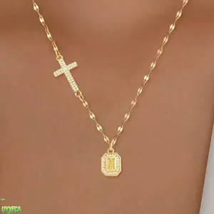 Dainty Pave Cubic Zircon Cross Initial Necklace for Women, Gold Tone Stainless Steel Lip Chain with 26 Letter Options,Stylish All-season, Sideways Pendant Hypoallergenic Faith Jewelry with Adjustable Extender for Daily Church Outing Birthday Gift