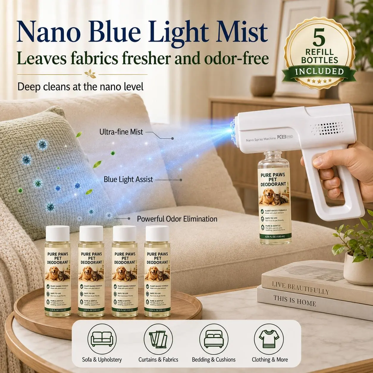 Summer DealsPet Bio-Enzyme Odor & Stain Remover Spray, Blue Light Probiotic Floral Scent Formula, Plant-Extracted Powerful Odor Elimination, Pet-Safe Non-Toxic Disinfectant for Indoor Urine Issues, Bio-Enzyme Odor & Stain Removers