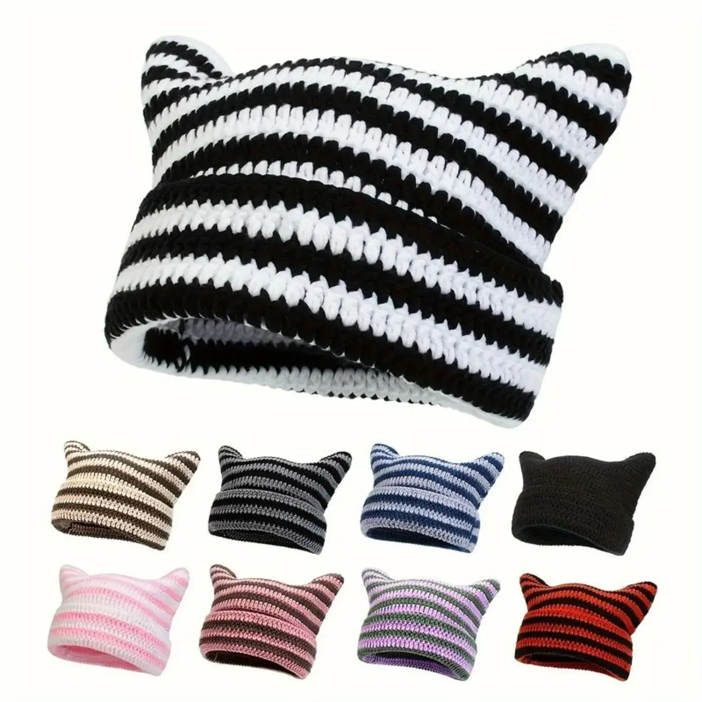 Unisex Handcrafted Little Devil Cat Ear Beanie - Crochet Knit Hip-Hop Character Ear Hat, Outdoor Street Casual Fashion, Machine Washable Hooded Accessory, Character Ear Hats