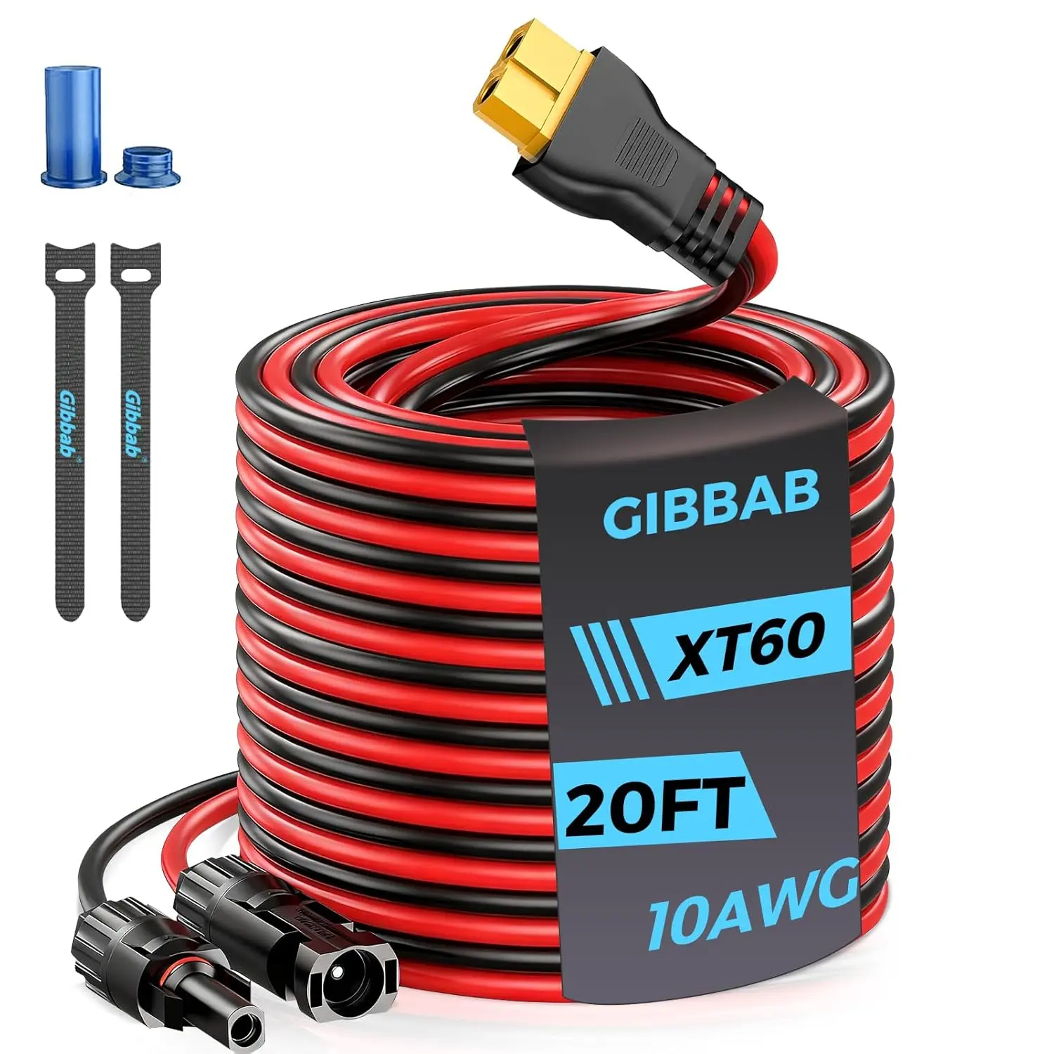 20FT 10AWG Copper Core Parallel Wires Panel Connector to XT60 Charging Cable - Power Transfer Extension Adapter with Caps & Wire Ties for LiFePO4 Battery RV Station