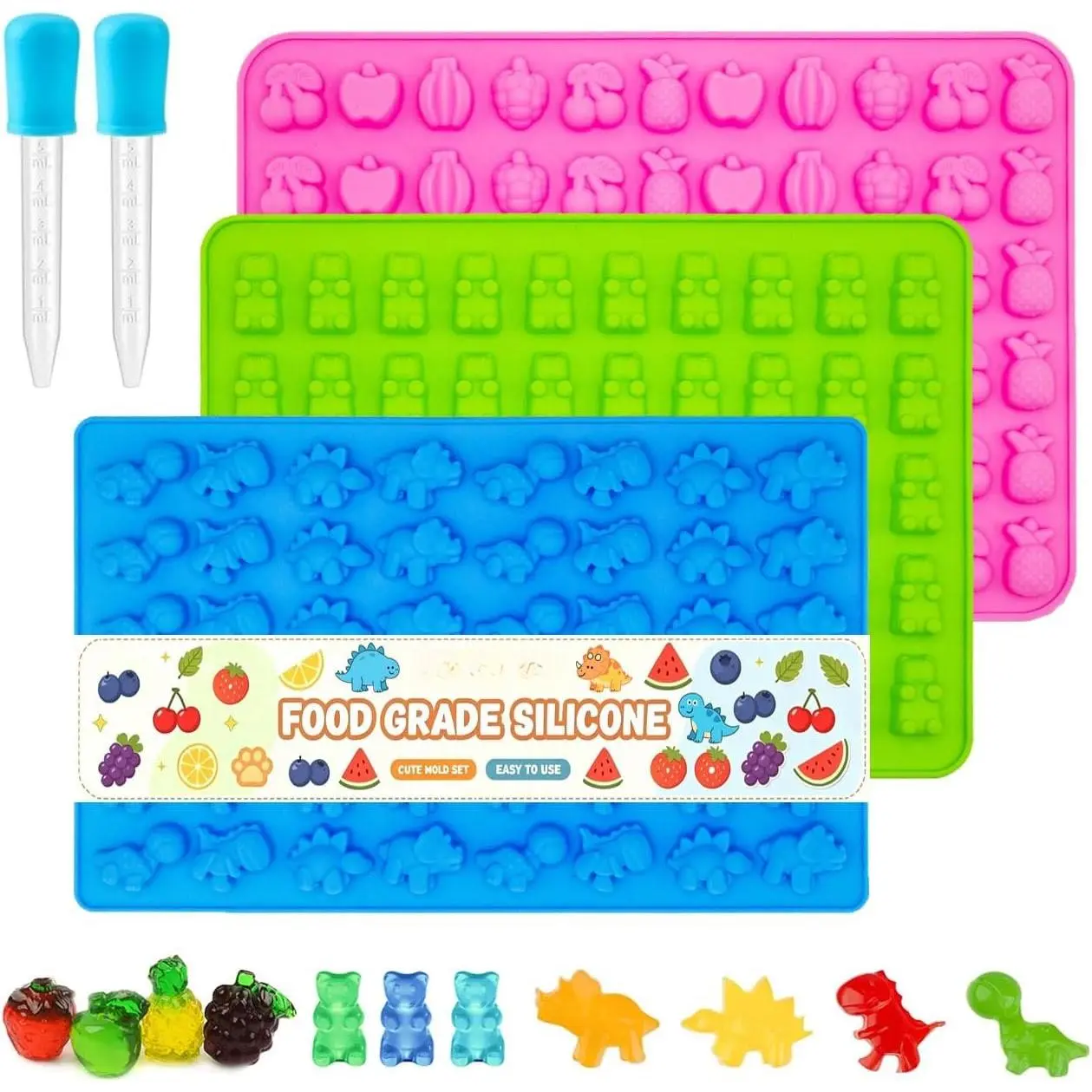 Candy Molds -  Mini  /Dinosaur/Fruit Snack Molds with 2 count Dropper,Non-stick and  for Candy  Gummies Baking