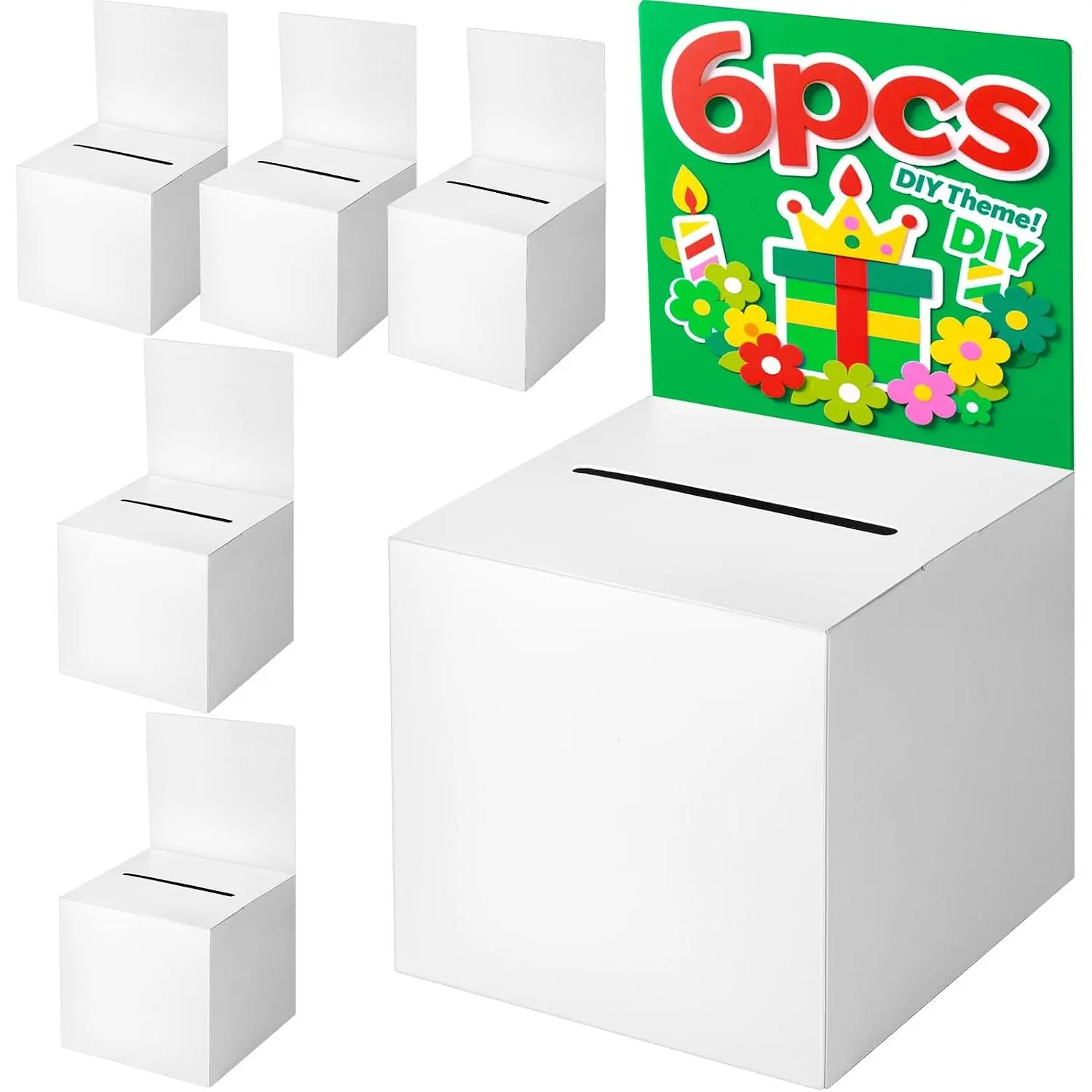 6-Pack Raffle Boxes with Slot, White Card Boxes Removable Header for Ballot, Donation, ticket, Suggestion, voting box & Events Use, Suitble for Fundraising & Collecting, 5.5" Cube