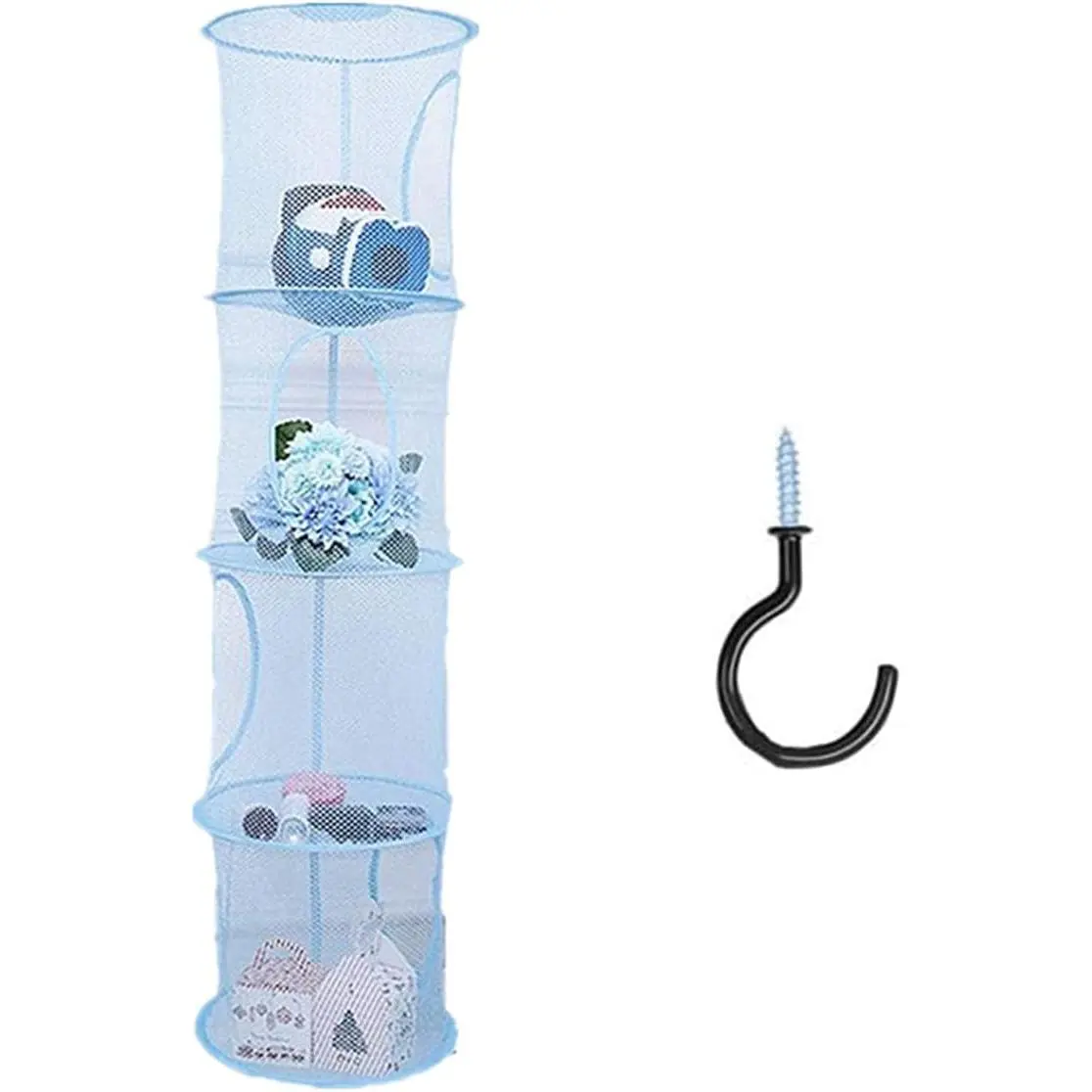 4 Tier Storage Organizer,43.5 x12 Inch  Mesh Storage Basket with 2 Inch Screw-in Hooks,Folding Basket for Toys or Store Gloves,Shawls, Hats and Mittens, Attaches Easily to Any Rod (Blue)