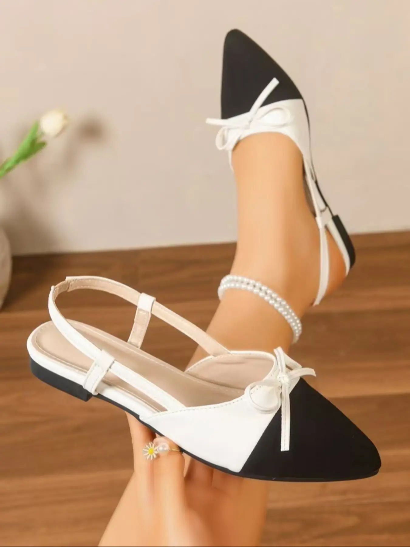 Women's Color Block Bow Decor Pointed Toe Slingback Flats, Slip On Thin Ankle Strap Flat Mules, Soft Cushioned Insole Footwear, Non-Slip Lightweight Outsole, Daily Office Dating Elegant Versatile Dress Shoes