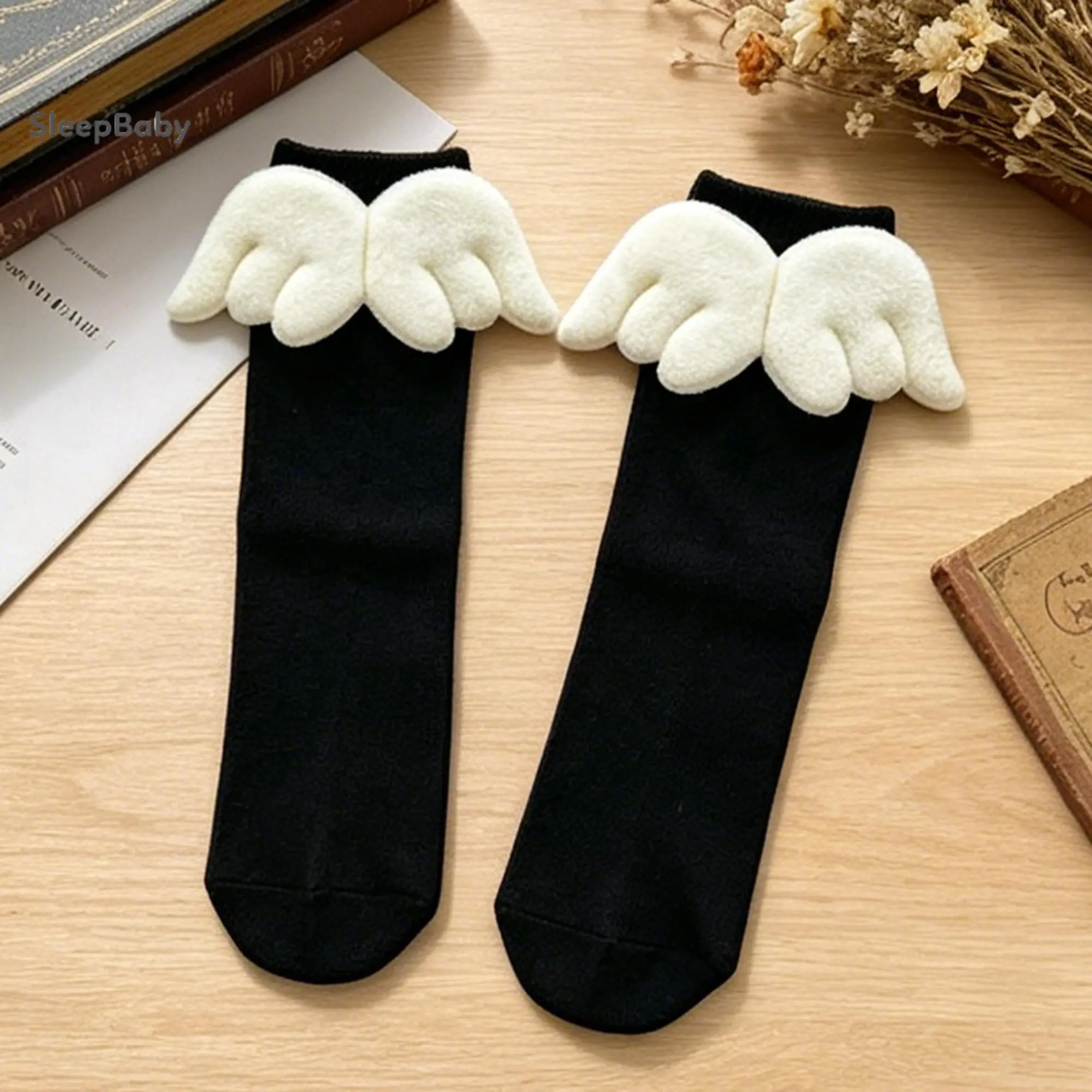 Soft Stretch Cotton Baby Mid Calf Socks 3D Plush Angel Wing Decor Plain Solid Color Gender Neutral Toddler Knit Socks