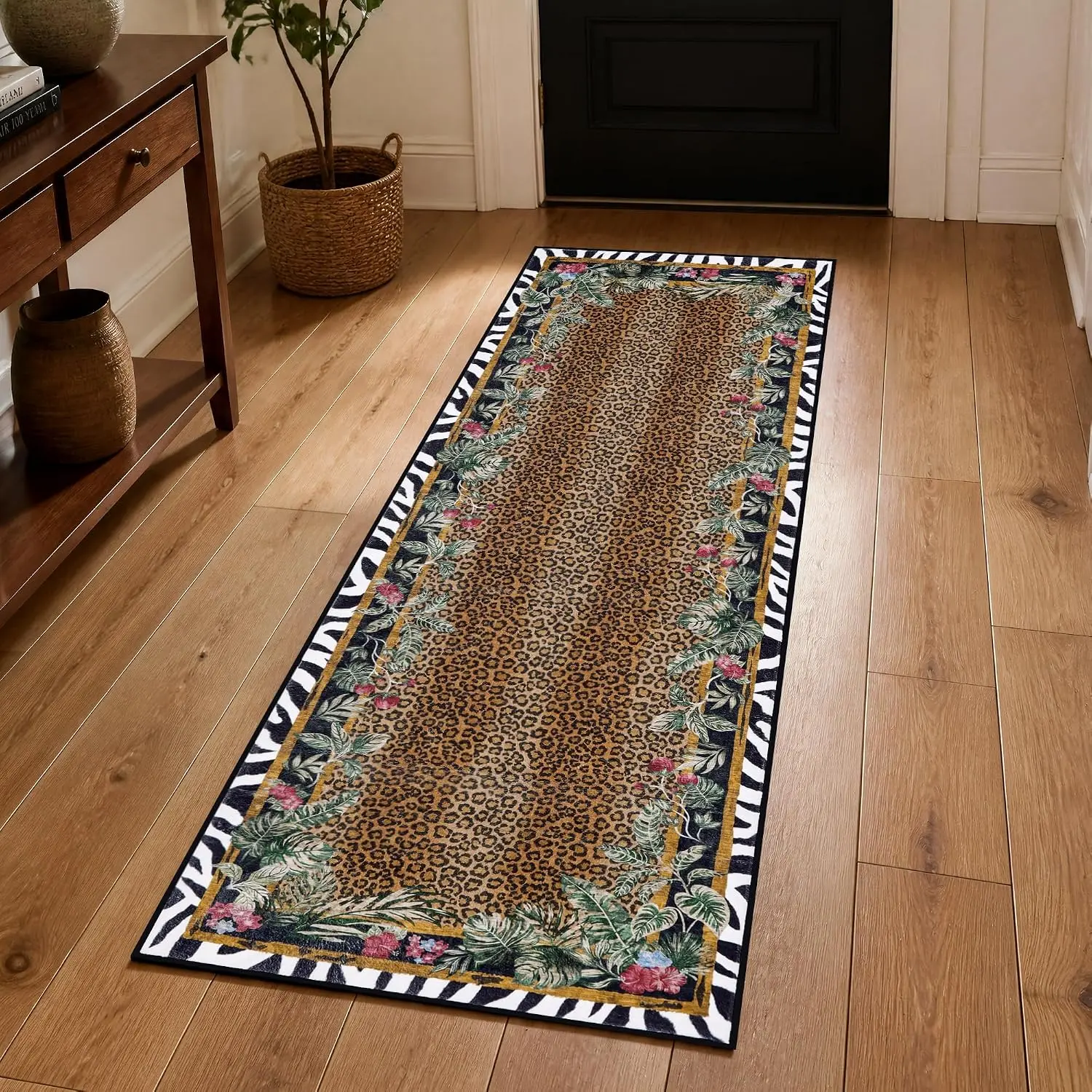 Leopard Hallway Runner Rug 2×6, Washable  Rug with -Striped Border, Non-Slip Low Pile  Print Carpet for Entryway, Kitchen, Front Door, Bedroom,  Decor