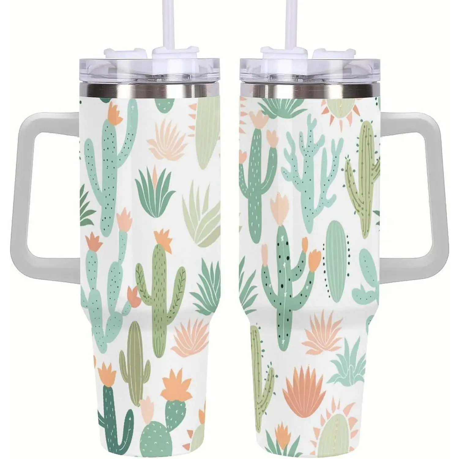 40oz Tumbler With Handle, Flowering Cactus Succulent Pattern Printed Stainless Steel Travel Mug, Insulated Car Cup With Straw, Personalized Gift For Women And Men, Halloween Gifts, Christmas Gifts