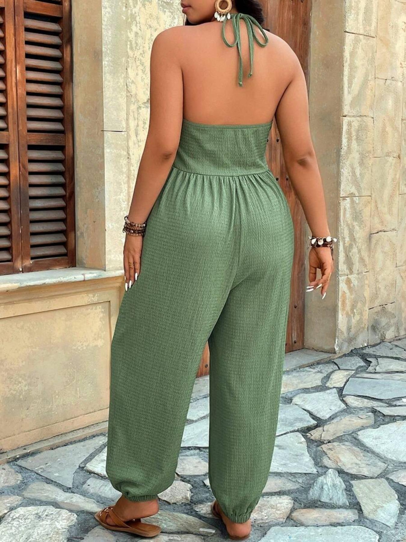 【Plus Size】 Solid Color Pocket Jumpsuit, Casual Sleeveless Jumpsuit for Daily Wear, Women's Plus Clothing for All Seasons