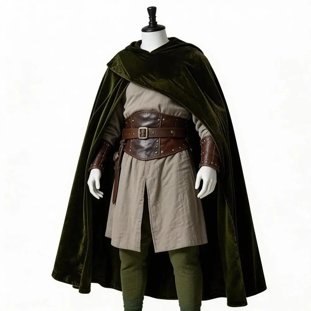 Men's Halloween Hooded Cape Solid Color Velvet Medieval Cloak Renaissance Cape With Hood Pirate Sorcerer Performance Costume