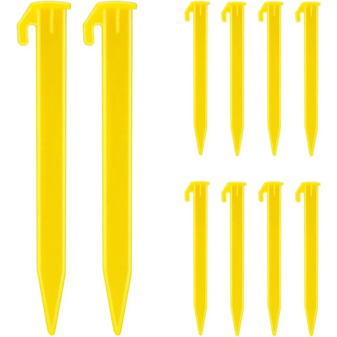 10 Pack Plastic Tent Stakes Heavy Duty Beach Tent Pegs Canopy Stakes for Camping Gardening Backpacking Tent Pegs Spike Hook for Outdoor Garden Decorations Lawn Tarp Sand Stakes for Beach (Yellow)