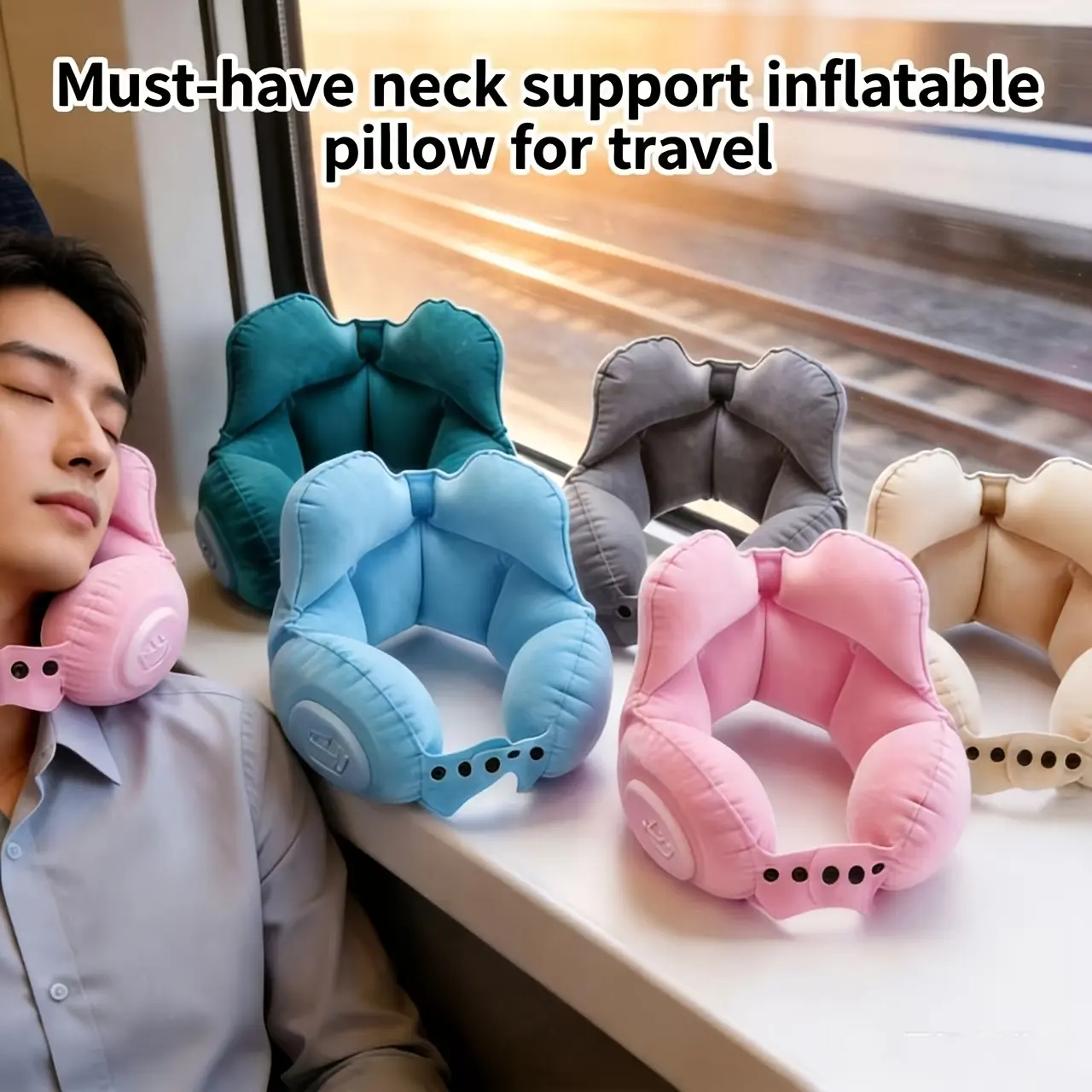 [Travel Neck Pillow] 1pc Compressible Inflatable Neck Pillow, Travel Portable Cervical Support Pillow, Compressible Air Pillow, Travel Neck Pillow, Napping Pillow, Airplane Pillow