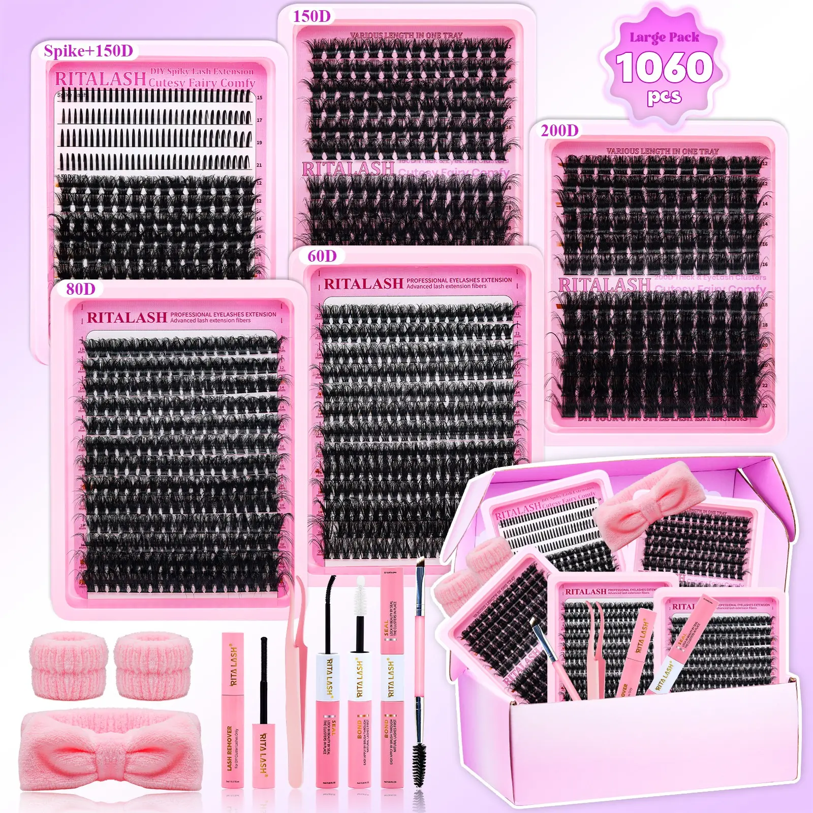 RITALASH 1060PCS Mixed Length Individual Fake Lashes Kit, DIY Eyelash Extensions, DIY False Eyelashes, Natural-Looking Eyelash Extensions with Accessories, Self-Grafting Curling Lashes for Women, Makeup Products