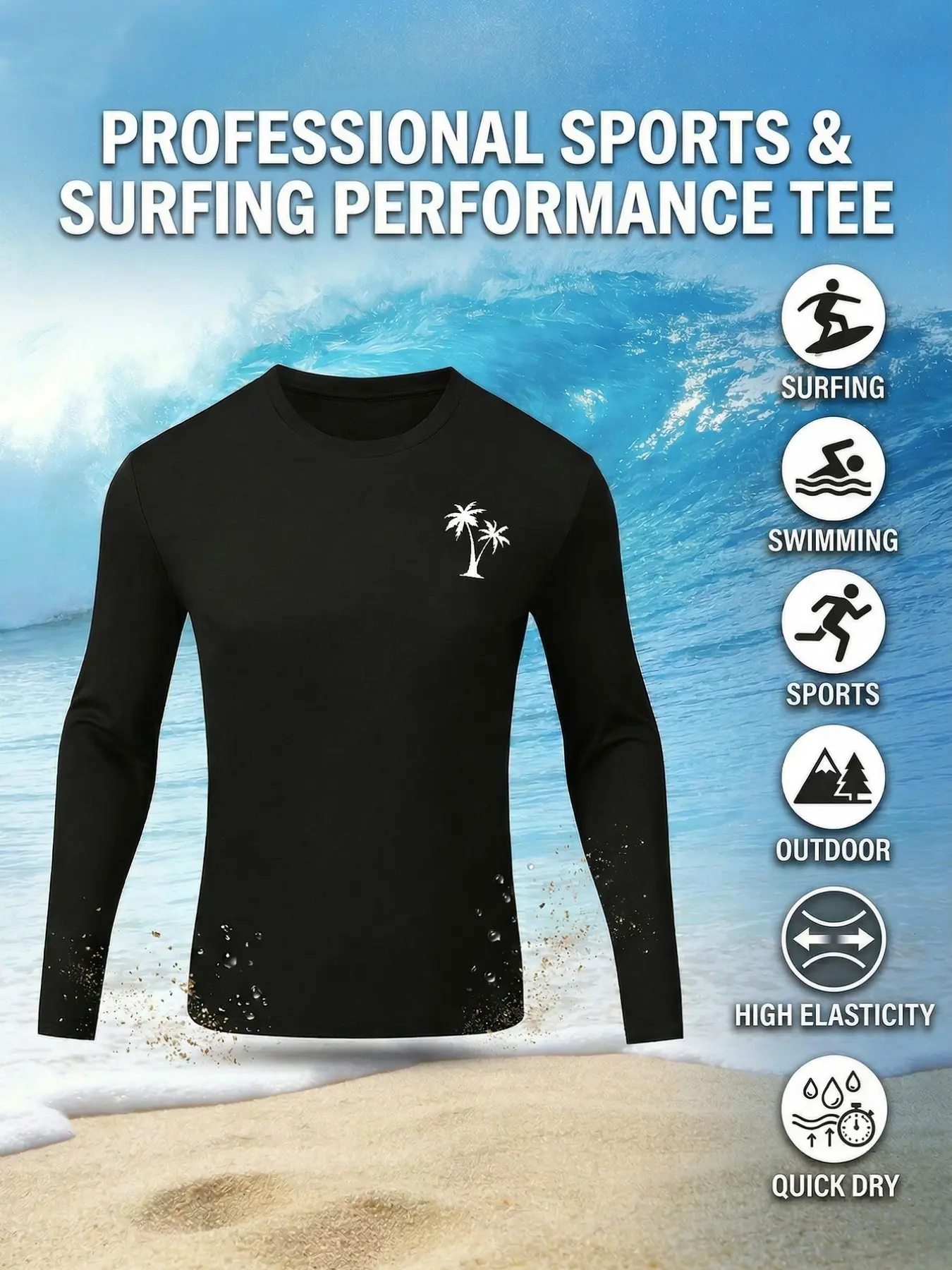 Men's Multifunctional Surfing Top, Quick-Dry High Stretch, Tropical Palm Print, Ideal for Summer Beach, Running, Cycling, Swimming